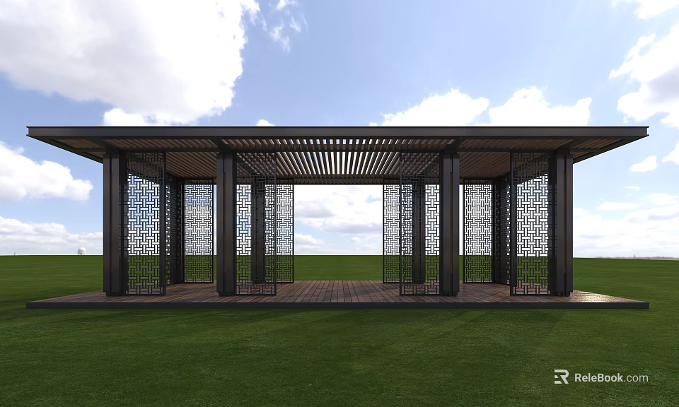 Modern Pergola Featuring Black Pillars Intricate Lattice Designs And Latticed Roof On Grassland 3d model 