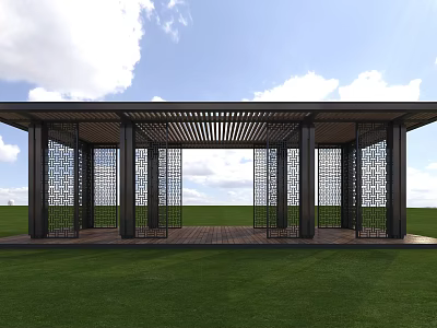 Modern Pergola Featuring Black Pillars Intricate Lattice Designs And Latticed Roof On Grassland 3d model