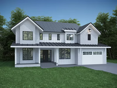 Modern Single Family Home With White Exterior Black Roof Two Car Garage And Green Lawn 3d model