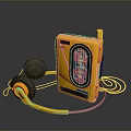 Vintage Yellow Portable Computer Device With Headphones And Tape Storage Media