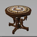 Classic Wooden Round Table With Intricate Inlaid Top And Ornate Carved Base