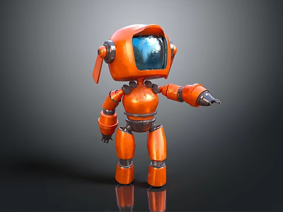 Orange Robot Character Featuring Blue Screen Antenna And Metallic Mechanical Arms 3d model