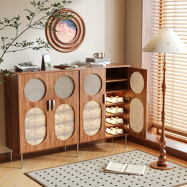 Elegant Walnut Wooden Shoe Cabinet With Woven Doors Storage Compartments And Living Room Decor 3d model 