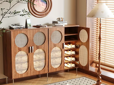 Elegant Walnut Wooden Shoe Cabinet With Woven Doors Storage Compartments And Living Room Decor 3d model