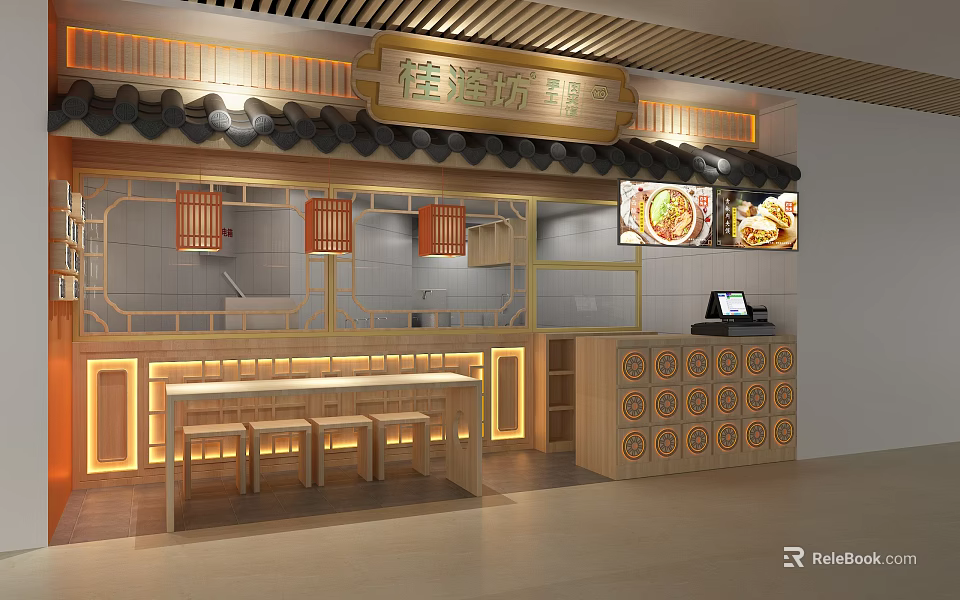 Shopping Mall Food Shop Traditional Chinese Style Wooden Decoration Lanterns Counter And Menu Screens 3d model 