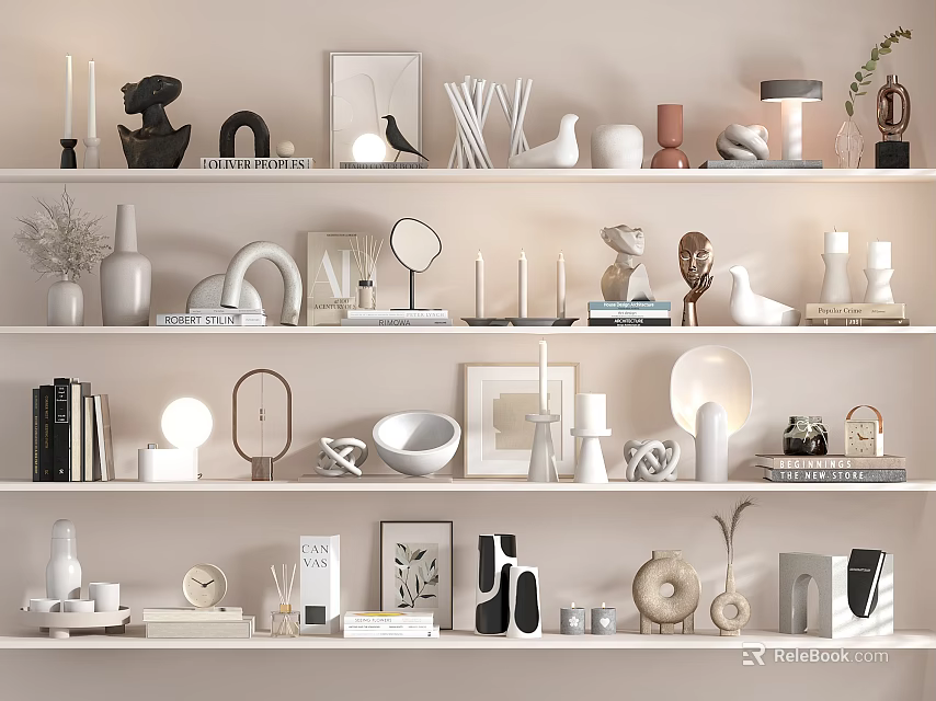 Modern Decorative Ornament Collection with Sculptures Vases and Frames on White Shelves 3d model 