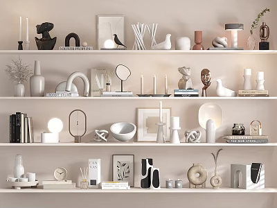 Modern Decorative Ornament Collection with Sculptures Vases and Frames on White Shelves 3d model