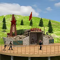 Scenic Garden Landscape With Red Star Monument Red Flag Green Trees And Wooden Platform
