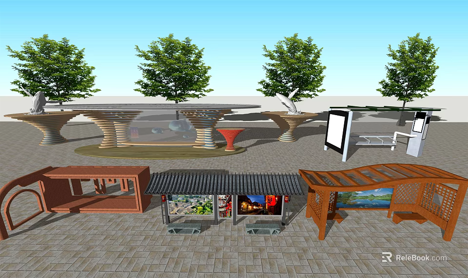 Outdoor Urban Station With Shelters Benches Billboards Green Trees And Paved Area 3d model 