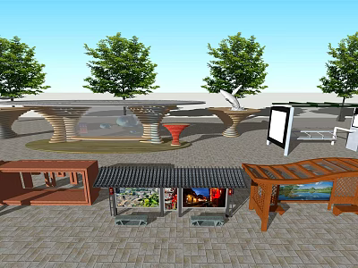 Outdoor Urban Station With Shelters Benches Billboards Green Trees And Paved Area 3d model