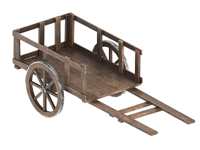 Wooden Handcart With Wooden Frame Two Spoked Wheels And Long Handle 3d model