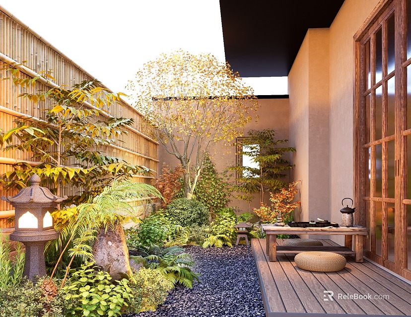 Tranquil Courtyard Plant Combination with Bamboo Fence Lantern Stone Gravel Path and Wooden Deck 3d model 