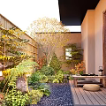 Tranquil Courtyard Plant Combination with Bamboo Fence Lantern Stone Gravel Path and Wooden Deck