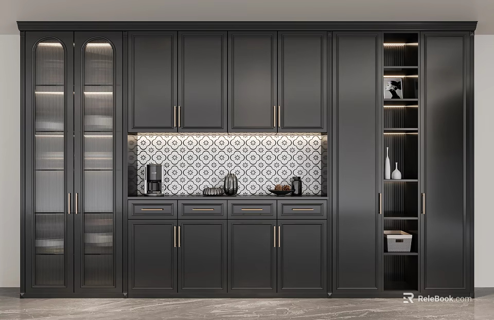Modern Black Wine Cabinet with Glass Doors and Tiled Backsplash 3d model 