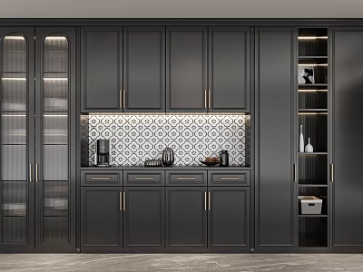Modern Black Wine Cabinet with Glass Doors and Tiled Backsplash 3d model