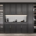 Modern Black Wine Cabinet with Glass Doors and Tiled Backsplash