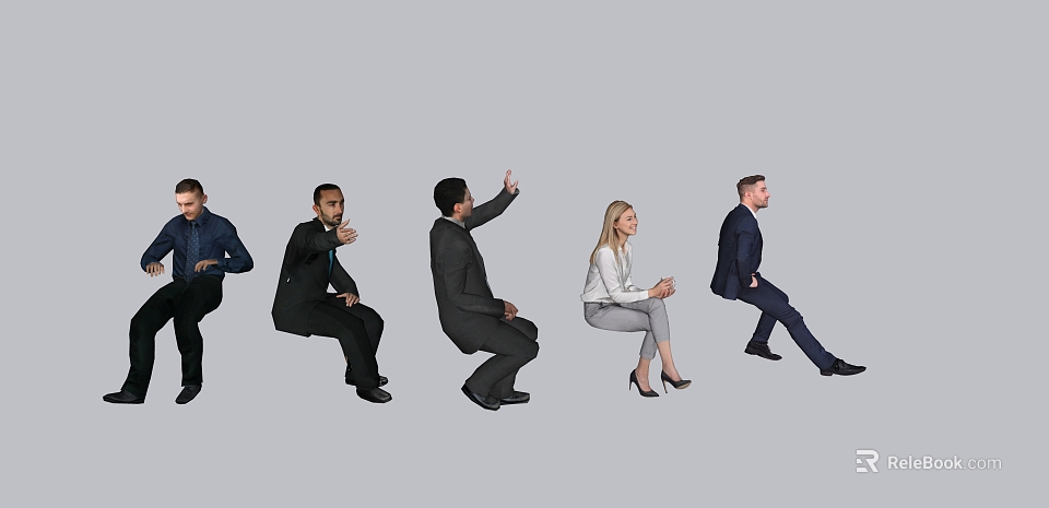 Group of People in Different Poses Sitting or Half Squatting on Gray Background 3d model 