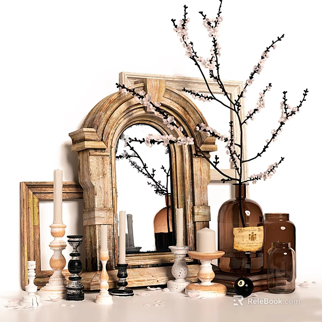 Vintage Wall Decor With Wooden Frame Mirror And Blossom Branch Vase Candles 3d model 