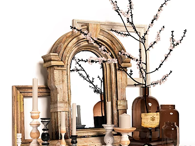 Vintage Wall Decor With Wooden Frame Mirror And Blossom Branch Vase Candles 3d model