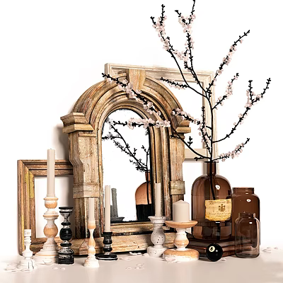 Vintage Wall Decor With Wooden Frame Mirror And Blossom Branch Vase Candles 3d model