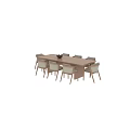 Natural Wooden Long Dining Table With Light Colored Cushioned Chairs And Decorative Bowl