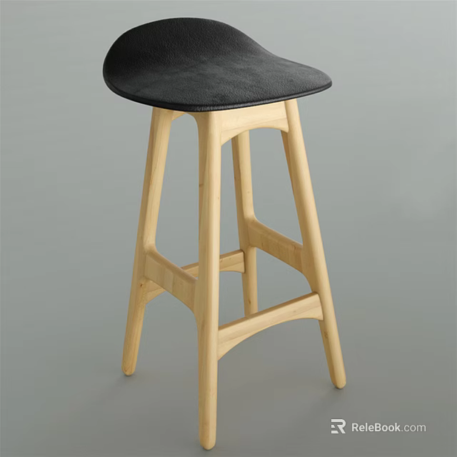 Modern Minimalist Bar Stool With Wooden Legs And Black Seat 3d model 