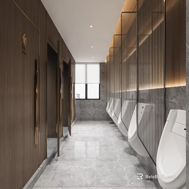 Modern Hotel Bathroom Design Featuring Wooden Stalls Urinals And Marble Flooring 3d model 