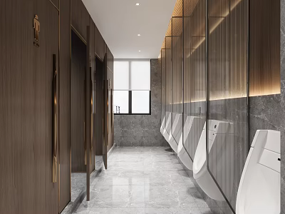 Modern Hotel Bathroom Design Featuring Wooden Stalls Urinals And Marble Flooring 3d model