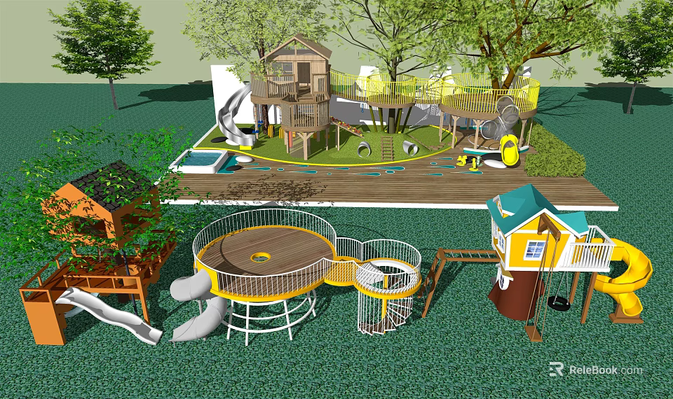 Kids Playground With Treehouse Slides Swings Yellow White Structures And Circular Platform On Green Grass 3d model 
