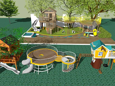 Kids Playground With Treehouse Slides Swings Yellow White Structures And Circular Platform On Green Grass 3d model