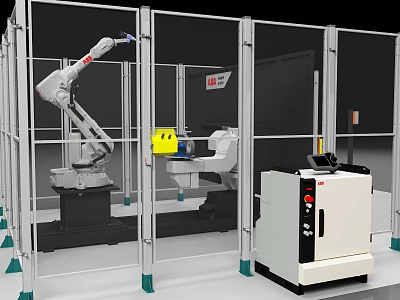 Industrial Automation System With Robotic Arm Safety Enclosure And Control Unit 3d model