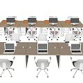 Modern Office Workstations With Wooden Desks White Chairs And Multiple Computers 3d model