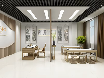 Traditional Leisure Area With Wooden Tables Calligraphy Paintings And Potted Plants 3d model