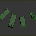 Four Green Military Tank Models Arranged in a Row on Dark Background Surface