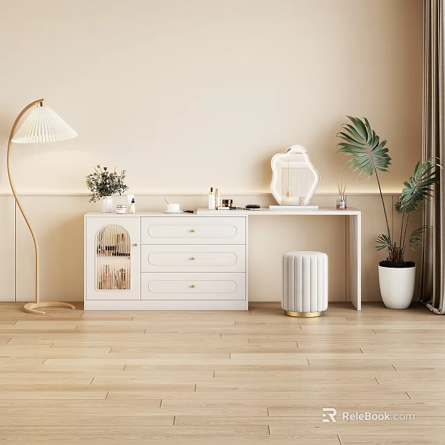 White Modern Bedroom Dresser With Drawers Cabinet Stool Floor Lamp And Plants 3d model 