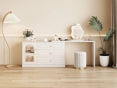 White Modern Bedroom Dresser With Drawers Cabinet Stool Floor Lamp And Plants 3d model
