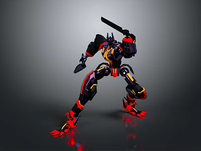 Mecha Robot Character In Battle Stance With Black Red Yellow Armor And Sword 3d model