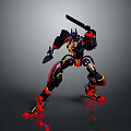 Mecha Robot Character In Battle Stance With Black Red Yellow Armor And Sword