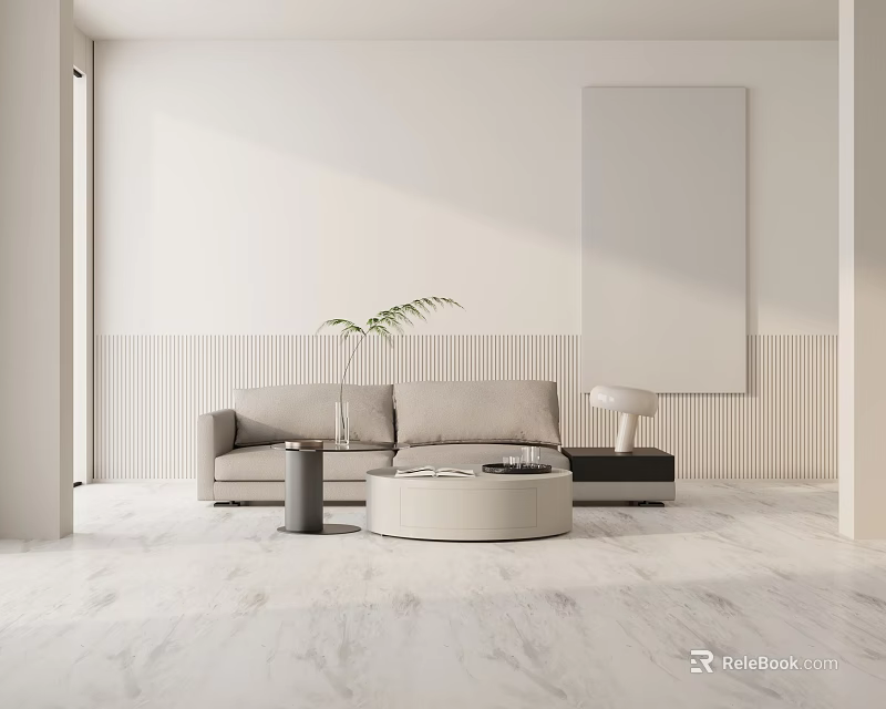 Modern Living Room Interior With Three Seater Sofa Striped Wall And Marble Floor 3d model 