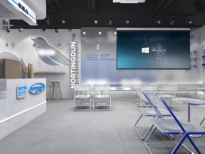 Modern Café Interior Design With Tables Chairs Bar Counter And Digital Screen 3d model