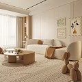 Modern Living Room Interior With White Sofa Wooden Coffee Table Area Rug And Decorative Paintings