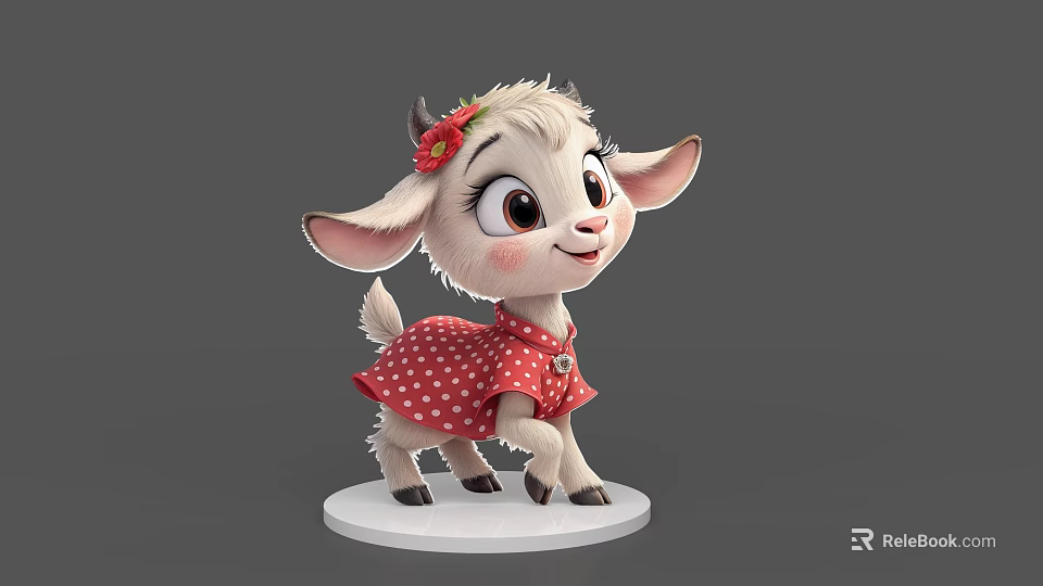 Cartoon Reptile Figure In Red Polka Dot Dress With Red Flower On Head White Base 3d model 