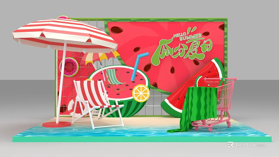 Summer Watermelon Themed Photo Check-in Spot With Striped Umbrella Lounge Chair And Shopping Cart 3d model 