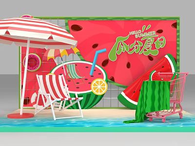 Summer Watermelon Themed Photo Check-in Spot With Striped Umbrella Lounge Chair And Shopping Cart 3d model