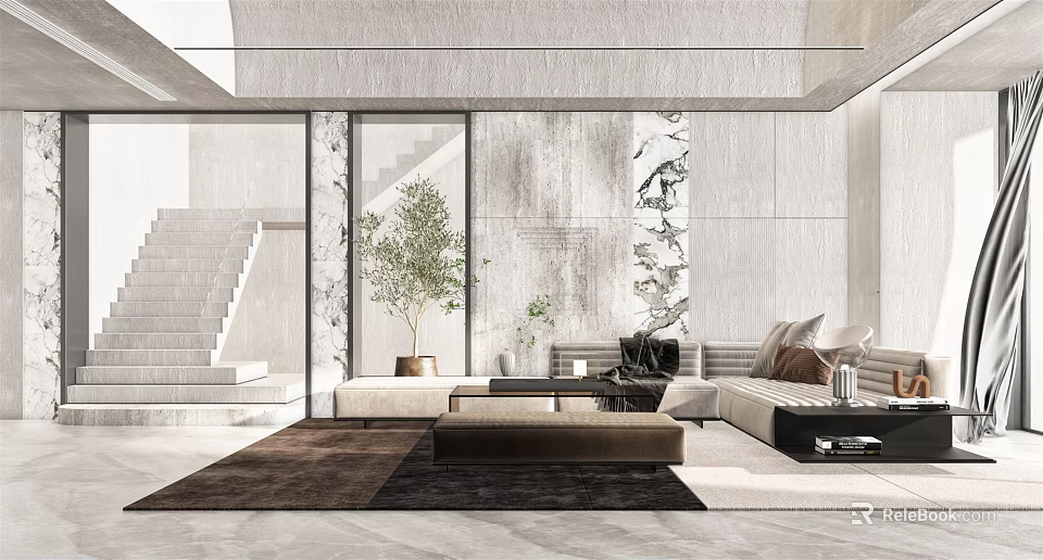 Modern Living Room Interior Design With Sofa Rug Plant Staircase And Floor To Ceiling Windows 3d model 