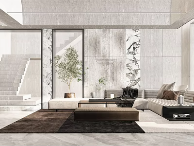 Modern Living Room Interior Design With Sofa Rug Plant Staircase And Floor To Ceiling Windows 3d model
