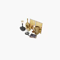Decorative Ornament Set With Black Golden Vases Globe Glass Cloche Books And Framed Paintings