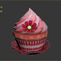 Decorative Pink Cupcake With Pink Frosting Red Flower And Striped Tray Design