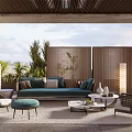 Modern Outdoor Garden Area With Sofa Chairs Coffee Table Plants Wooden Screens And Lighting