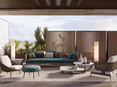 Modern Outdoor Garden Area With Sofa Chairs Coffee Table Plants Wooden Screens And Lighting 3d model